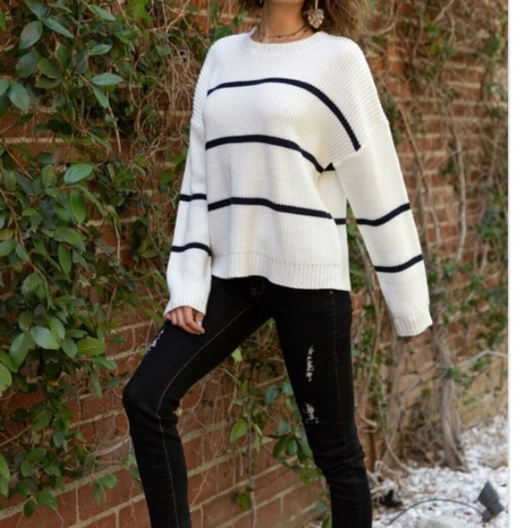 POL Sweaters - Pol Cream Striped Crew Neck Sweater